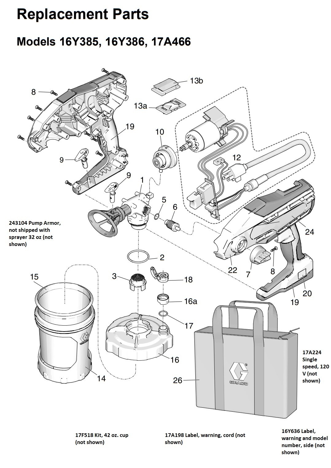 Graco TrueCoat 360 Electric TrueAirless Sprayer Parts (Models 16Y385, 16Y386, 17A466)